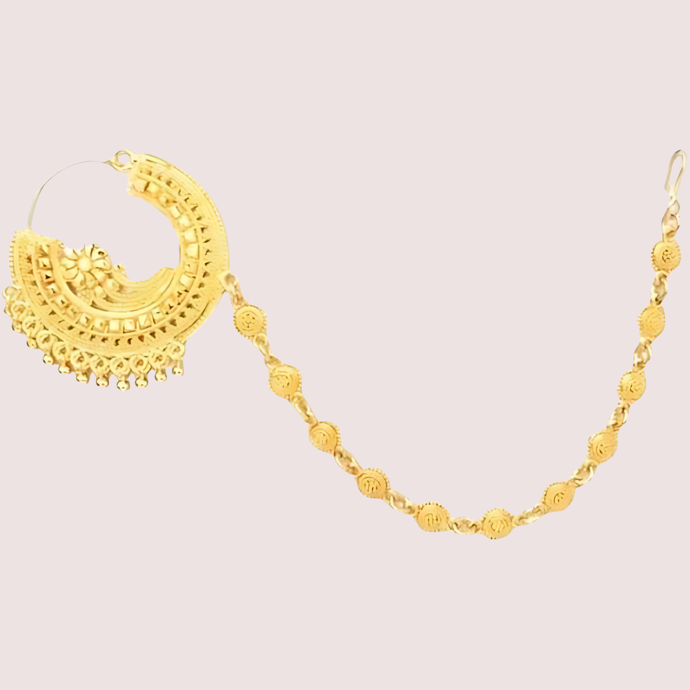 Women's Golden Designer Nose Ring, Graceful Golden Bridal Nath - Apparel - close-up detail view | Snazzyway