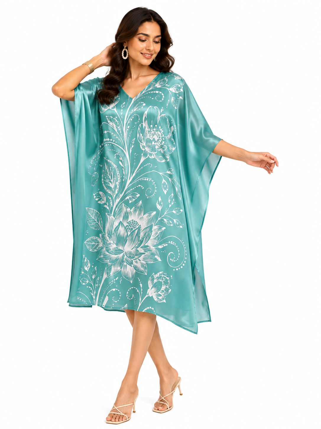 Teal Floral Print Polywoven Satin Kaftan Dress for Women