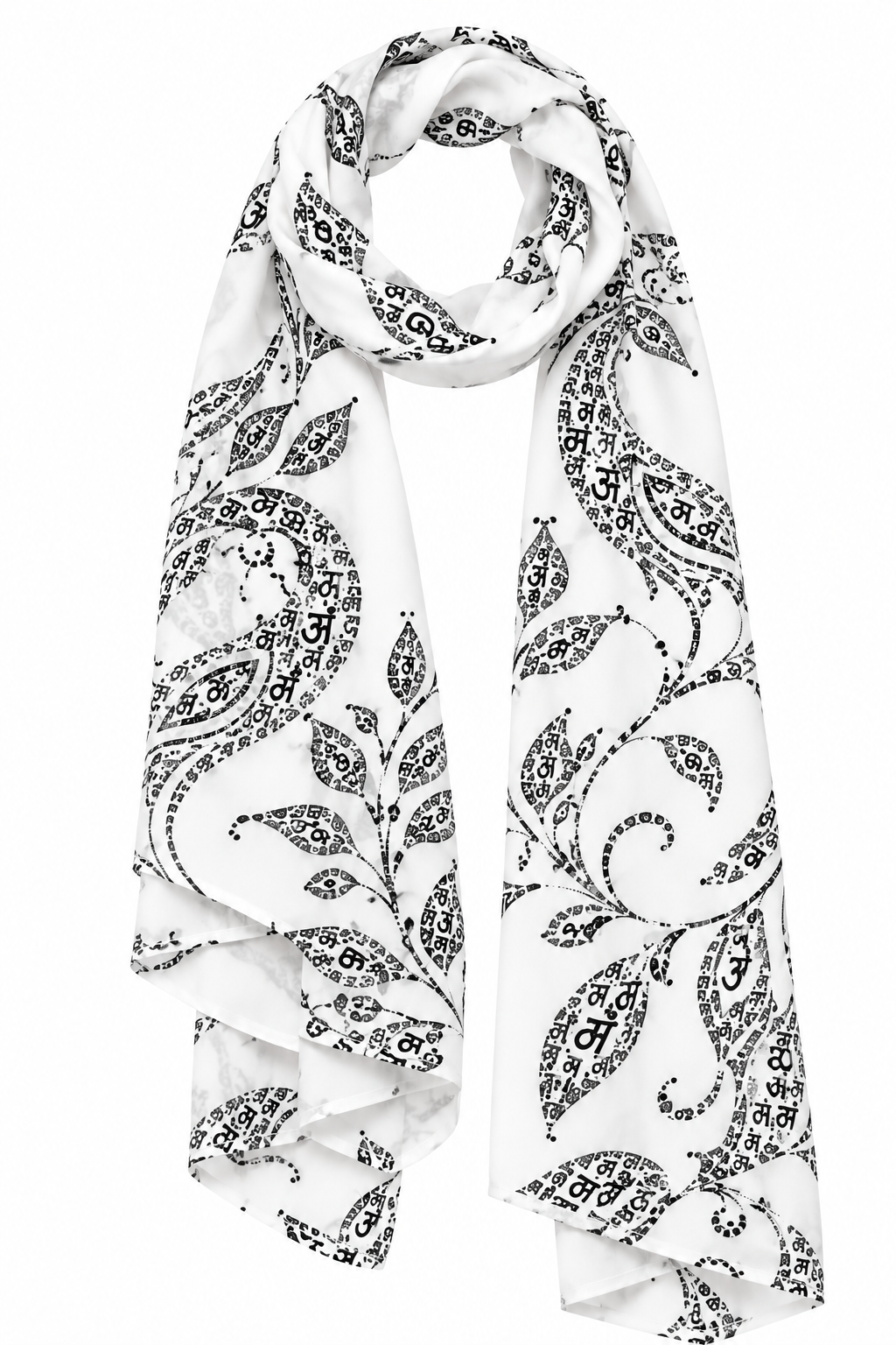 Women's White Indian Language Art-Inspired Printed Stole – Black Script & Peacock Floral Design