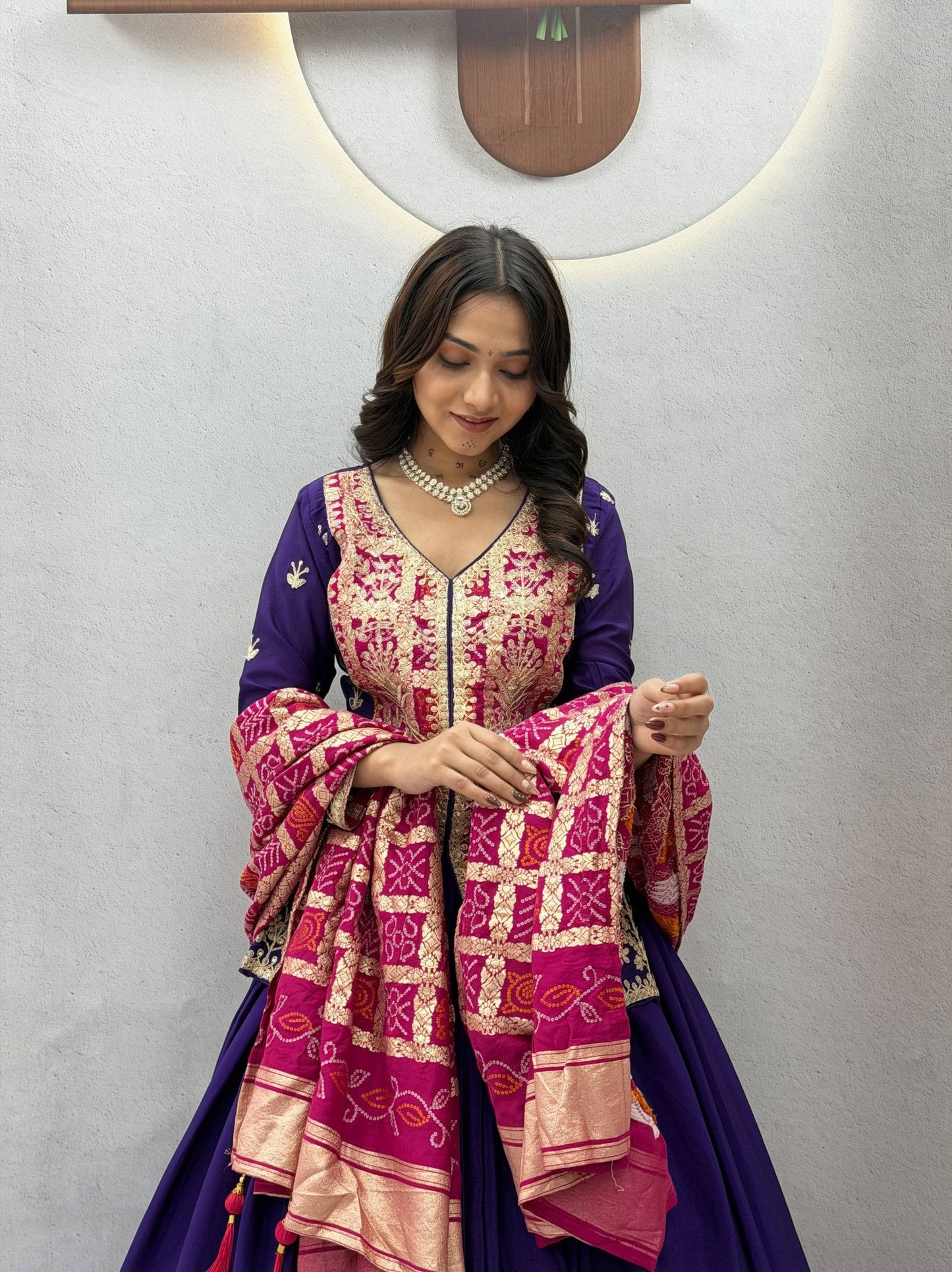 Royal Purple & Pink Bandhani Lehenga Kurti Set - Western Wear - close-up detail view | Nardev Fashions