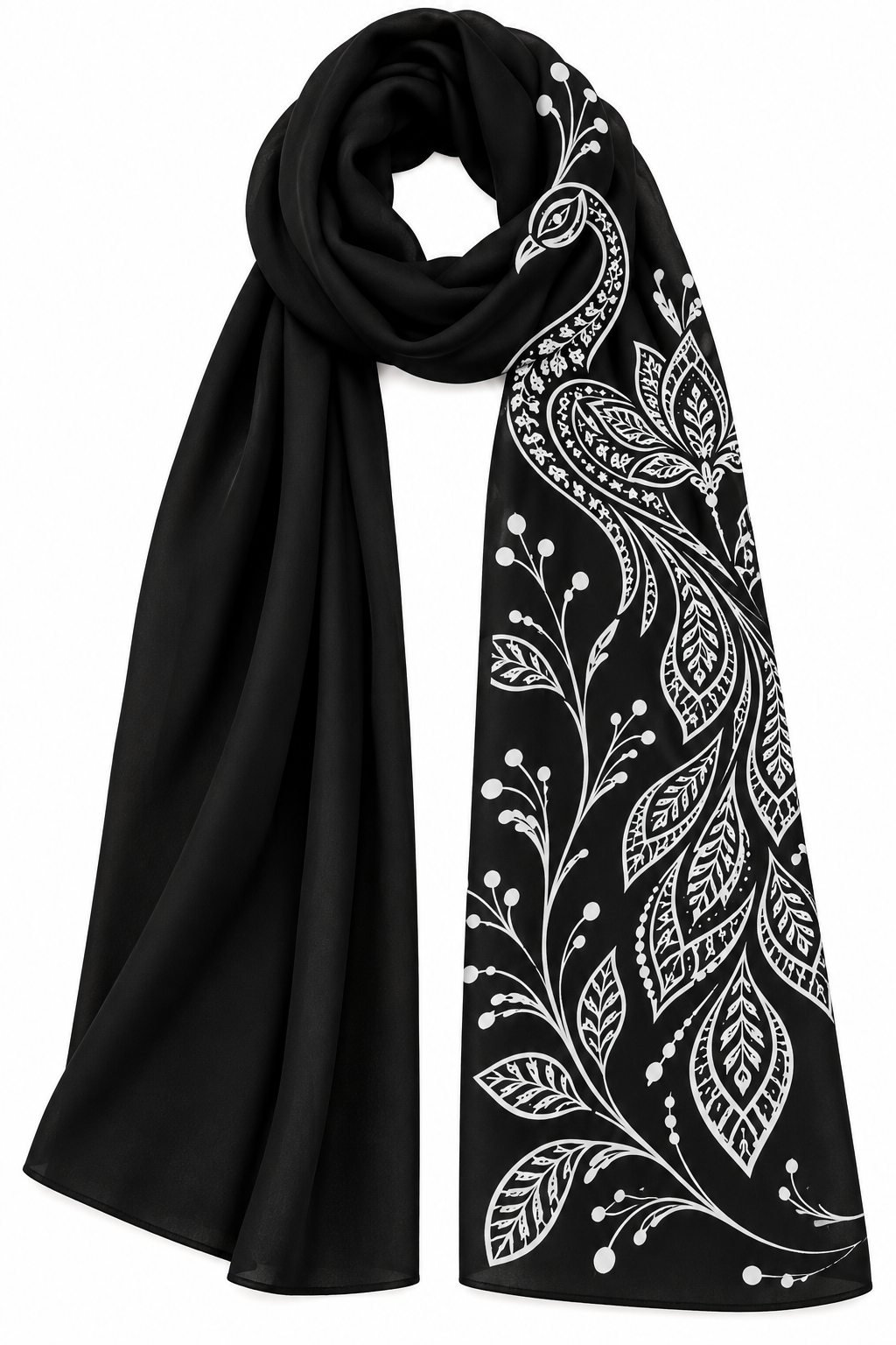 Black Stole with White Peacock & Botanical Art Print for Women
