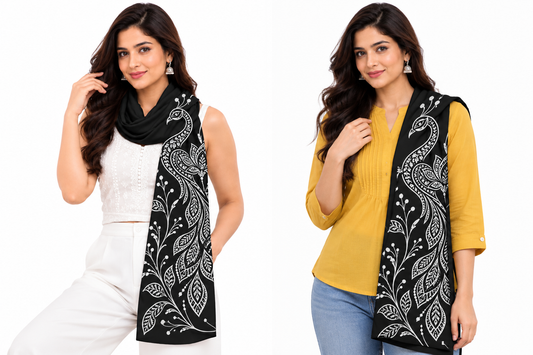 Black Stole with White Peacock & Botanical Art Print for Women