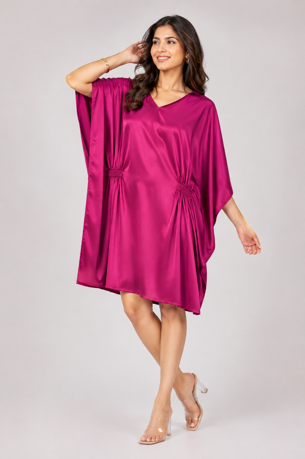 Women’s Rani Pink Colour Short Kaftan Midi Dress - Western Wear - model wearing | Qikink