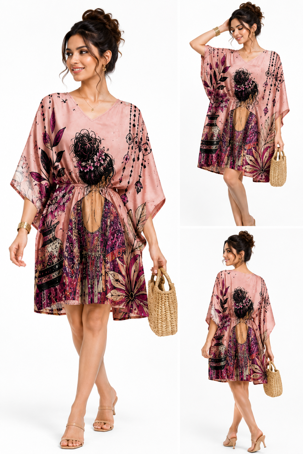 Rose Pink Bohemian Art Kaftan Midi Dress for Women - Western Wear - styled full look | Qikink