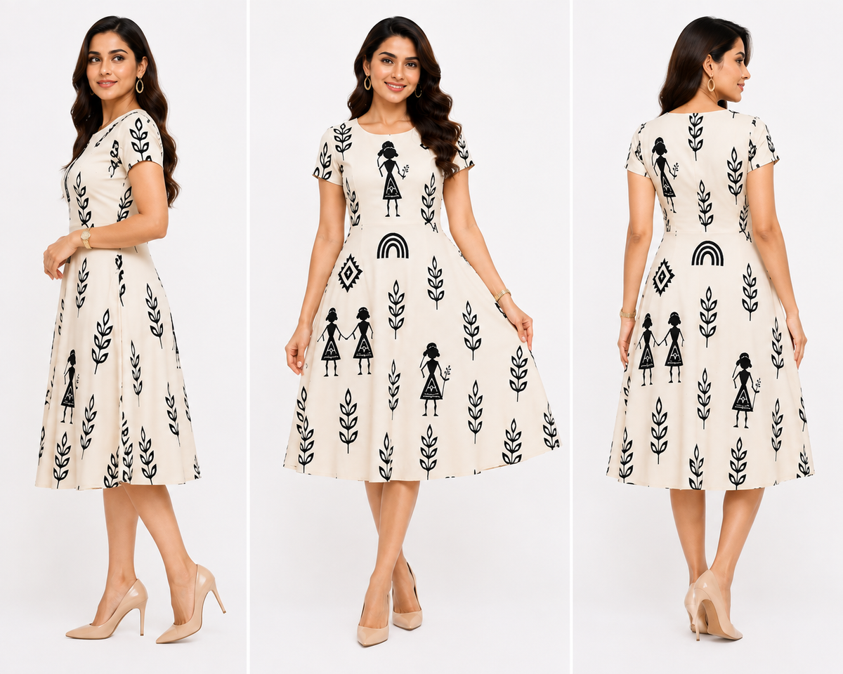 Warli Art Inspired Ivory A-Line Dress/Kurti – Black Folk Print | Polyspandex Blend