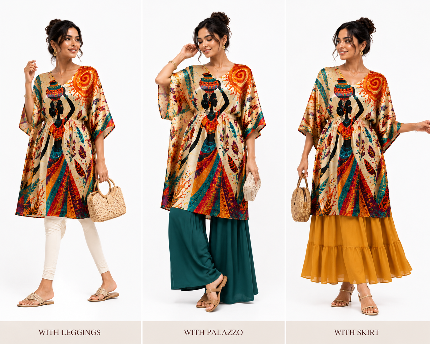 Women’s Multicolour Ethnic Tribal Art print Short Kaftan Midi Dress | V-Neck Kimono Sleeve Tunic Dress with Hidden Waist Belt |Standalone Dress or Paired with Pants | Stylish Casual & Outing Wear