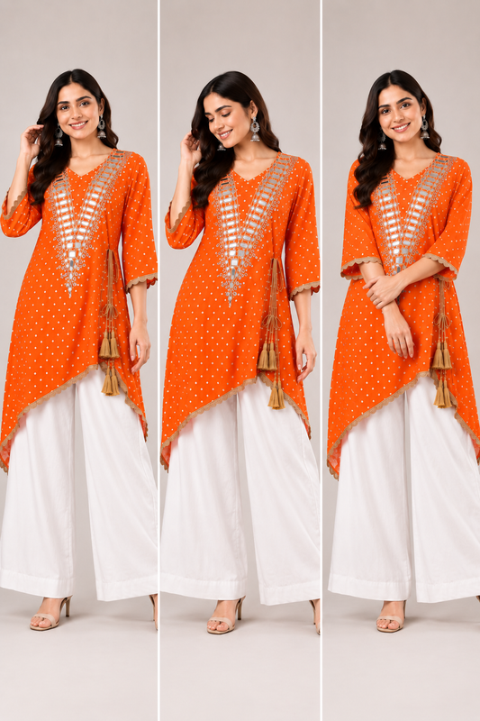 Orange Fox Georgette Asymmetric Kurti White Chinon Palazzo - studio triple panel front model collage showing three front angles of complete set with V-neck silver mirror grid yoke panel, all-over gold bandhani butti print georgette, asymmetric hem with scallop gold lace, mustard tassel latkan cluster, and white wide-leg chinon palazzo
