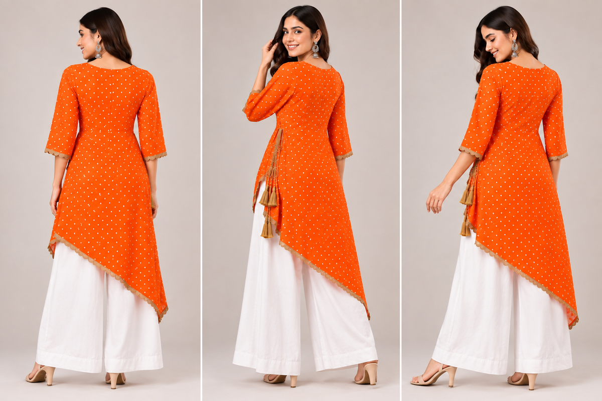 Orange Fox Georgette Asymmetric Kurti White Chinon Palazzo - studio triple panel back and side model collage showing back of orange bandhani butti georgette kurti with plain back, side view showing mustard tassel latkan cluster at waist, and three-quarter back view showing asymmetric diagonal hem length with scallop gold lace trim and white wide-leg palazzo
