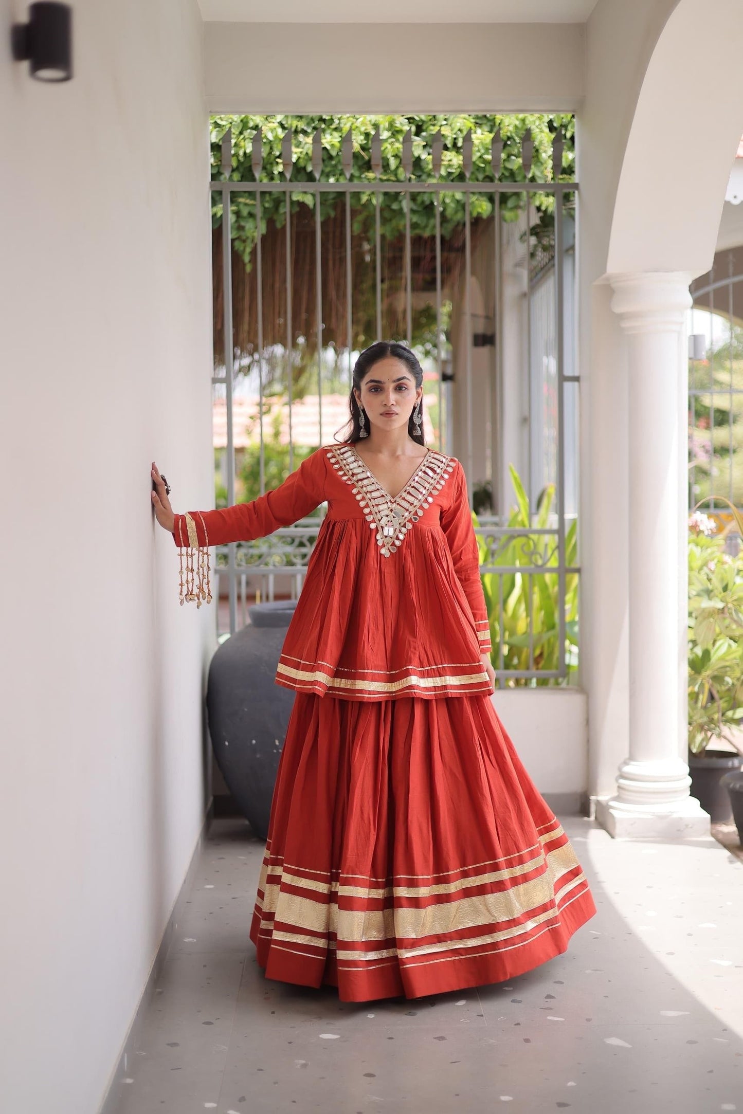 Brick Red & Gold Mirror Work Kora Cotton Lehenga with Long Blouse - Western Wear - close-up detail view | Nardev Fashions