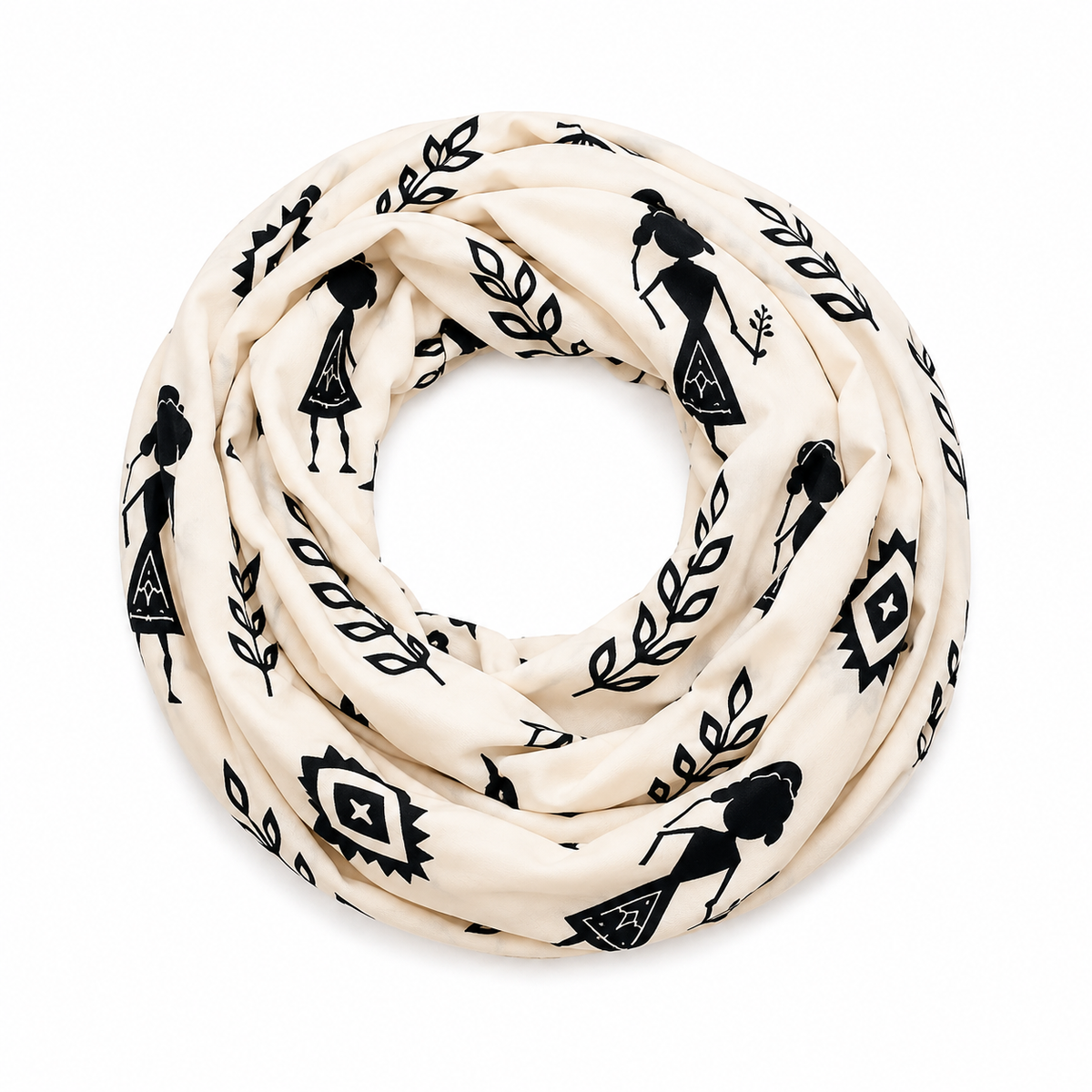 Warli Art Inspired Ivory & Black Polyspandex Stole