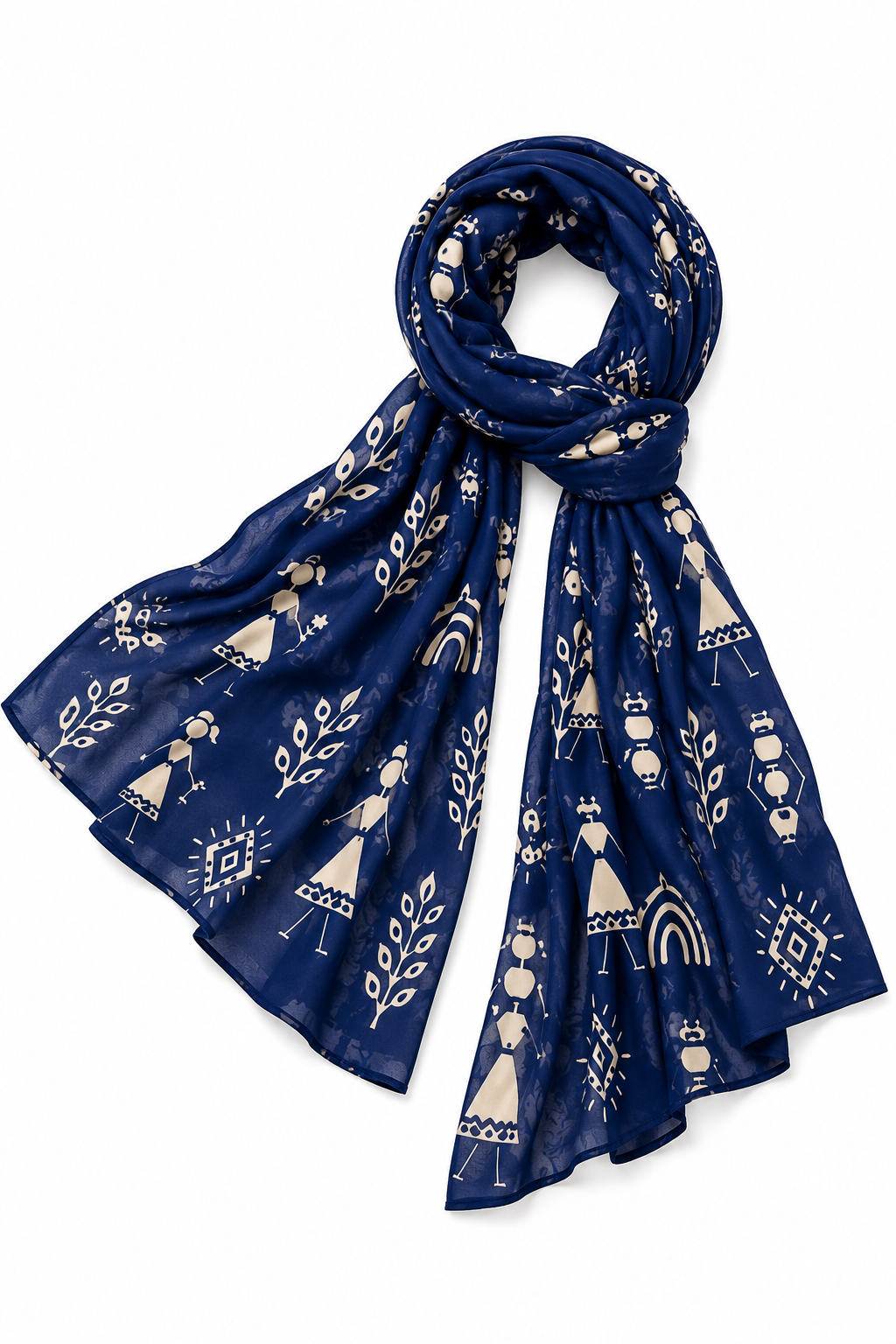 Warli Art Inspired Navy Blue Printed Stole – Smooth Stretchable Polyspandex