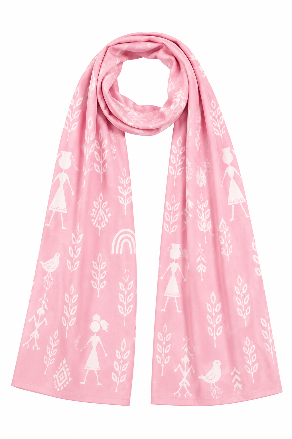 Pastel Pink Warli Art Inspired Stole – Smooth Polyspandex Blend