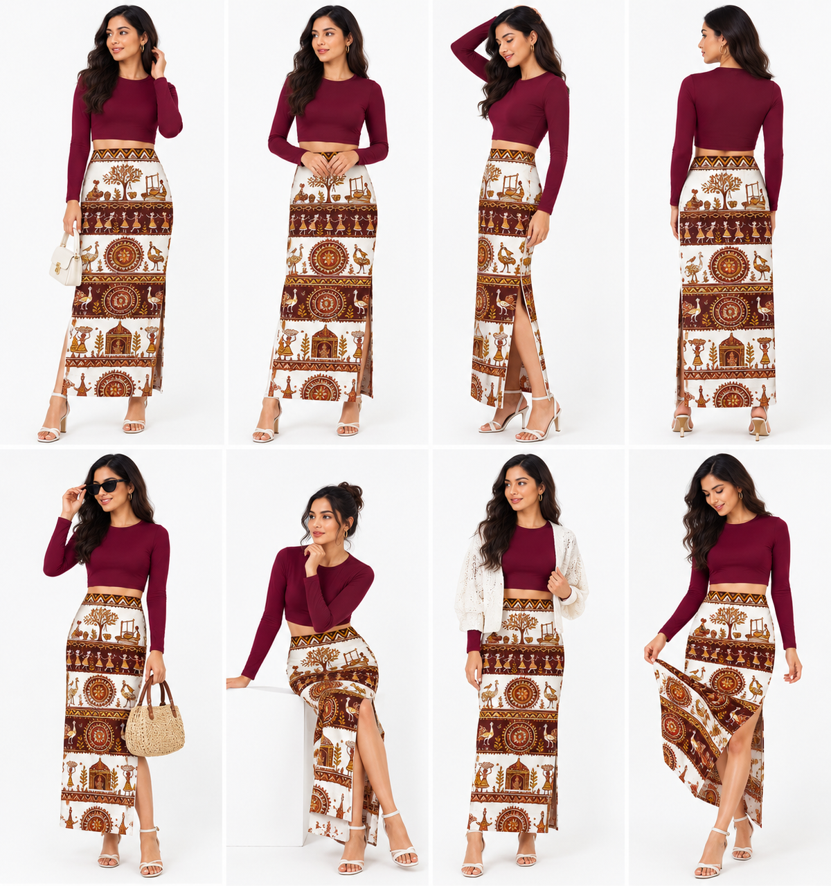 Warli Art Pencil Skirt & Burgundy Crop Top Set - Western Wear - close-up detail view | Qikink