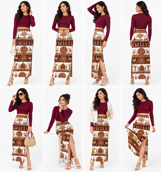 Warli Art Pencil Skirt & Burgundy Crop Top Set - Western Wear - close-up detail view | Qikink