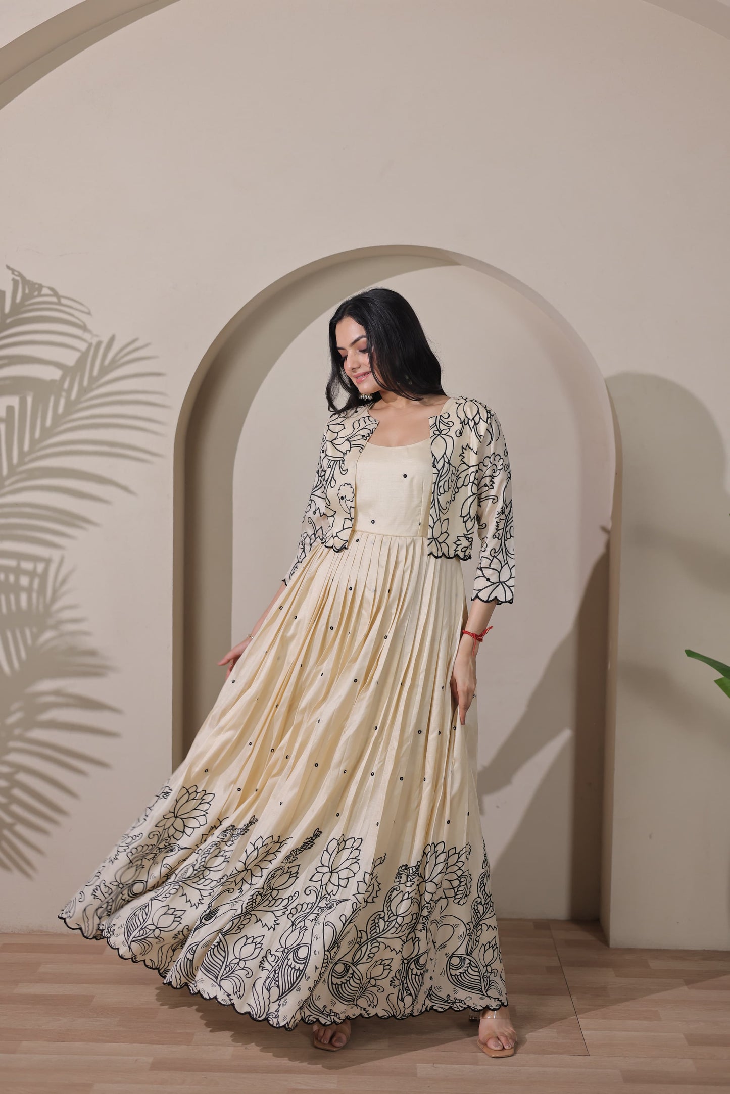 Cream Kalamkari Tussar Silk Gown with Embroidered Jacket - Western Wear - model wearing | Nardev Fashions