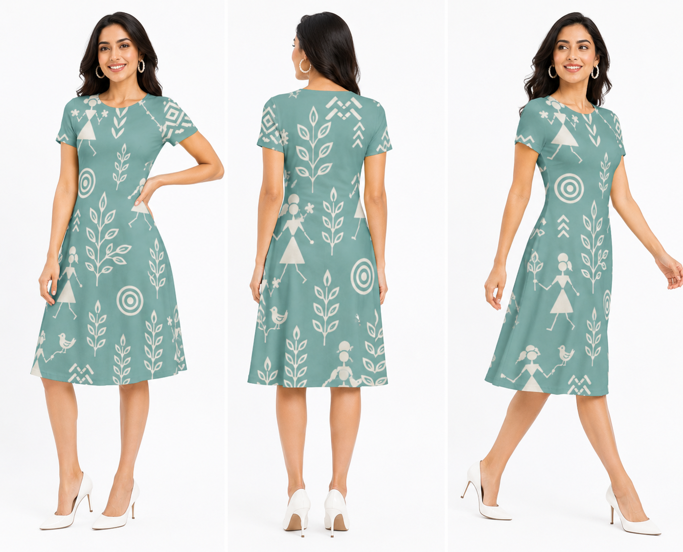 Sage Green Warli-Inspired A-Line Dress for Women | Knee-Length Printed Polyspandex Blend Dress