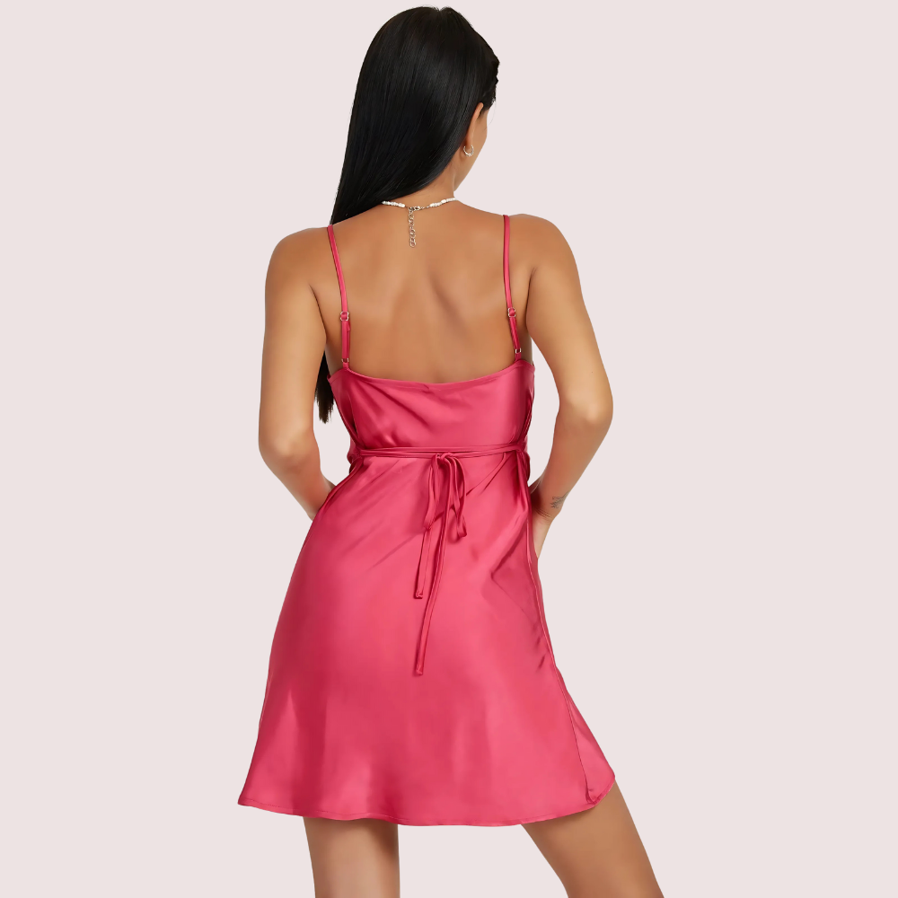 Women's Dark Pink Satin Dress, Sophisticated Dark Evening Wear - Apparel - back view | Snazzyway