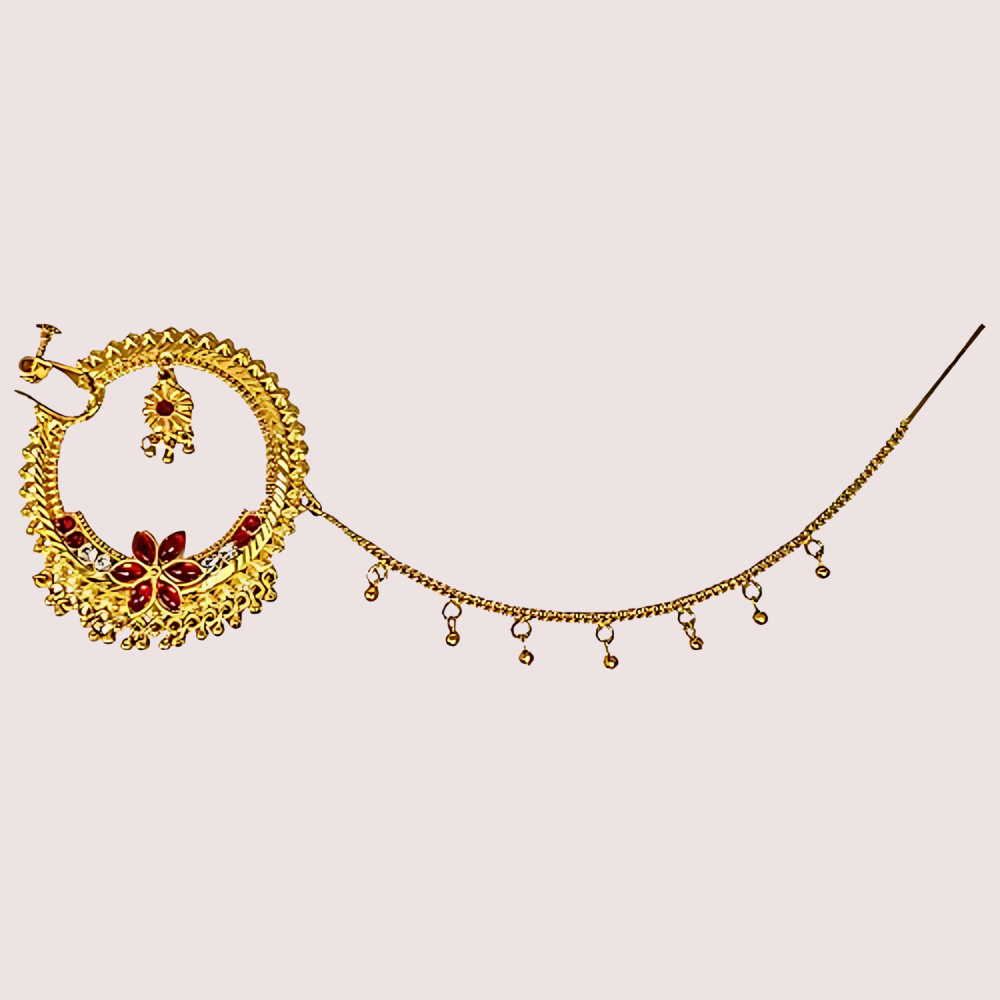 Women's Golden Designer Nose Ring, Timeless Golden Bridal Nath - Apparel - back view | Snazzyway