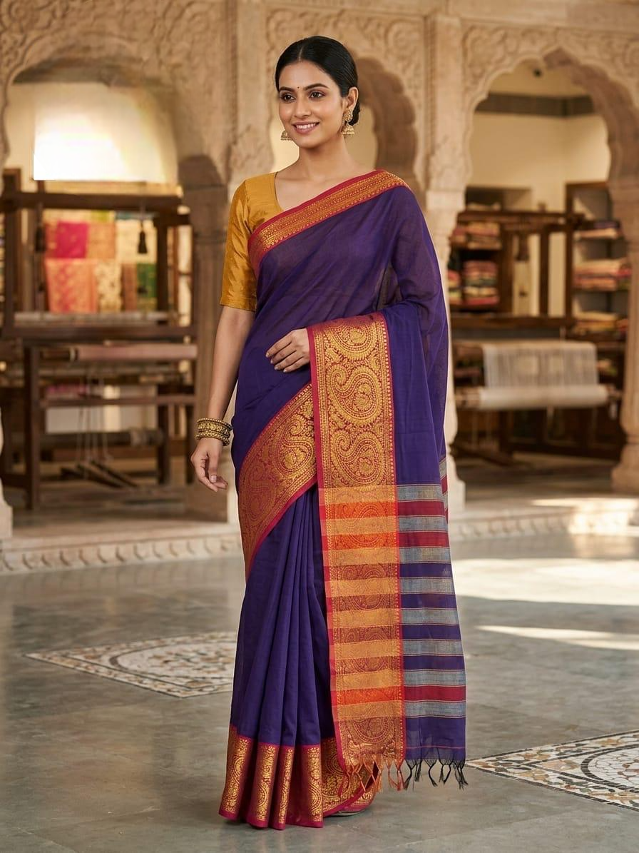 Blue Violet Narayanpet Pure Mercerised Cotton Saree with Rich Gold Zari Woven Ruby Red Border - Indian Ethnic Wear - back view | Chindak Textiles