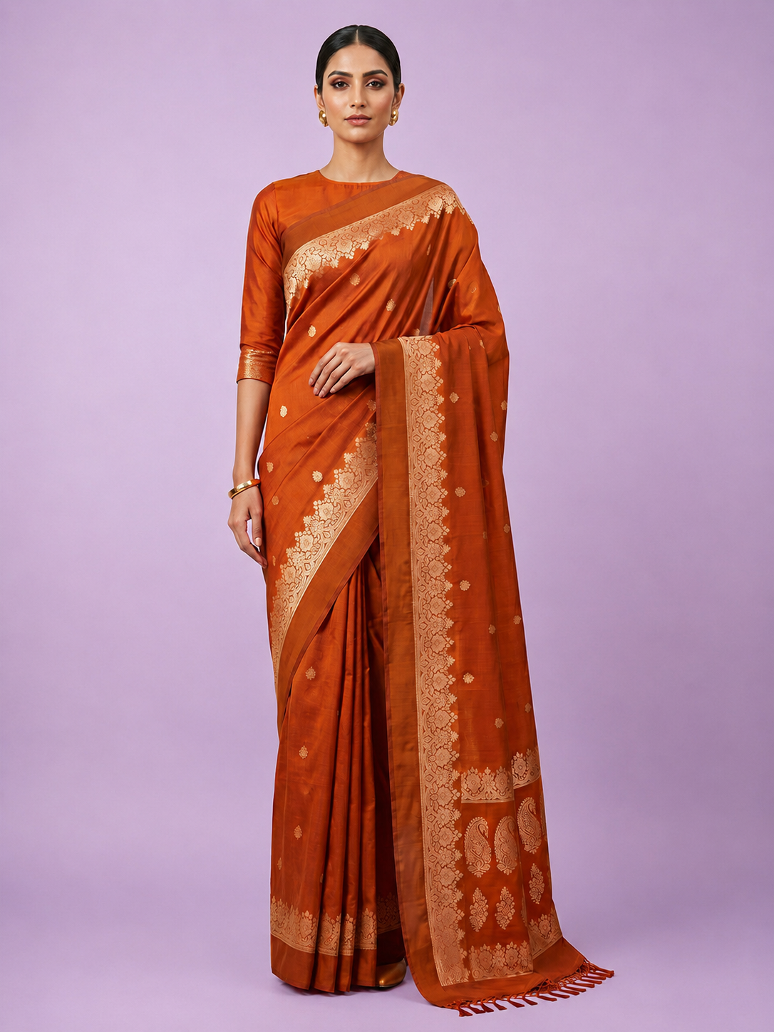 Orange Regal Zari Woven Soft Silk Saree - front view | Weave365