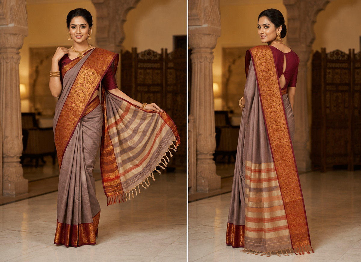 Dusty Lavender Narayanpet Pure Mercerised Cotton Saree with Rich Gold Zari Woven Ruby Red Border - Indian Ethnic Wear - close-up detail view | Chindak...
