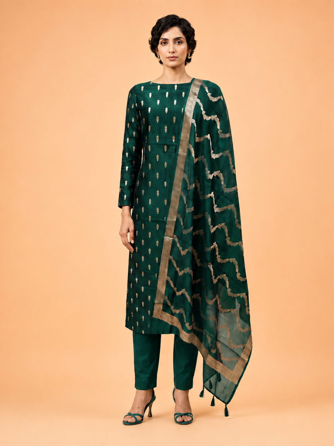 Women’s Bottle Green Katan Silk Banarasi 3-Piece Unstitched Suit Set- Zari Buti Work Unstitched Salwar Suit with Katan Silk Dupatta Festive & Party...