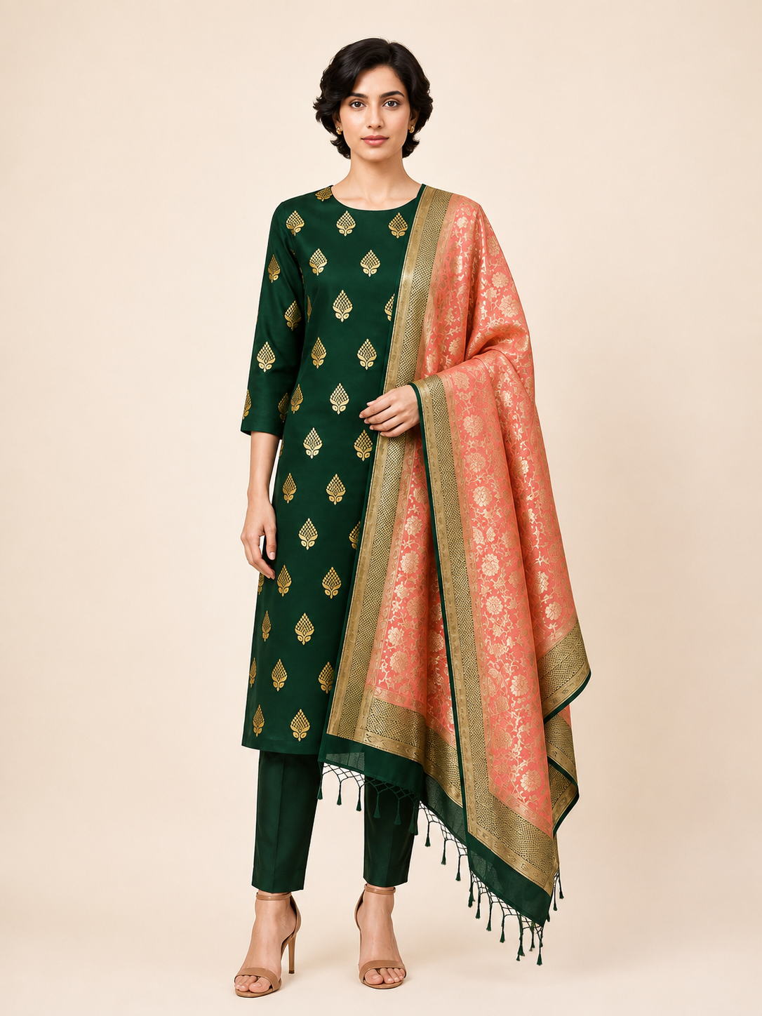 Women’s Bottle Green Mercerized Cotton Banarasi 3-Piece Unstitched Suit Set- Zari Buta Work Unstitched Salwar Suit with Cotton Dupatta Festive & Party...