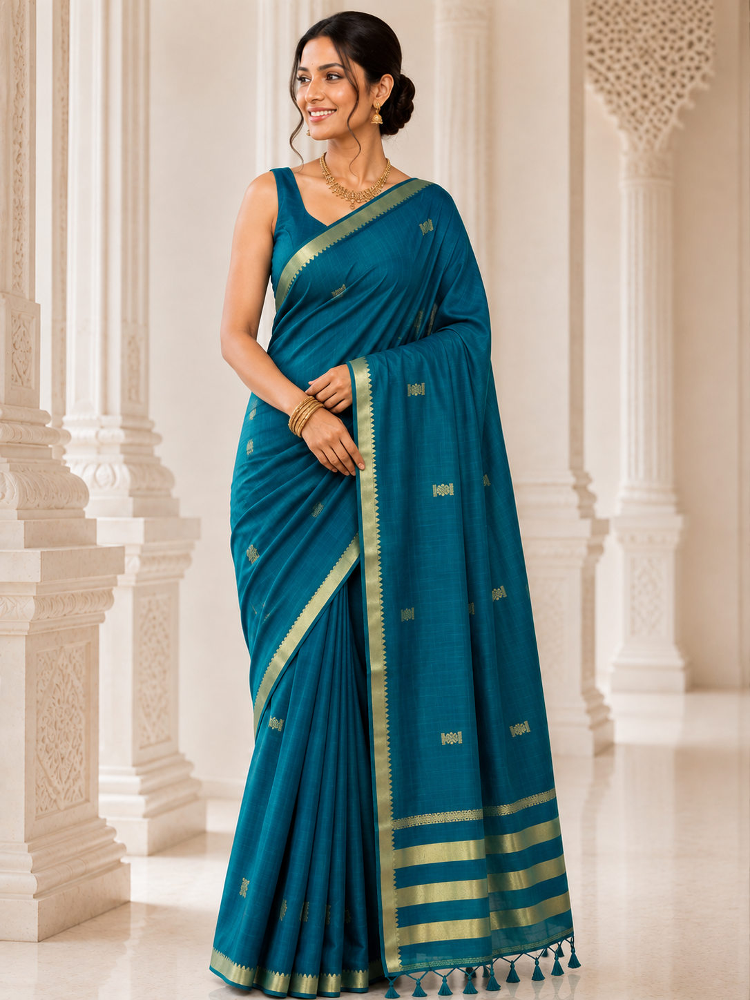 Peacock Blue - Saree - front view | Chindak Textiles
