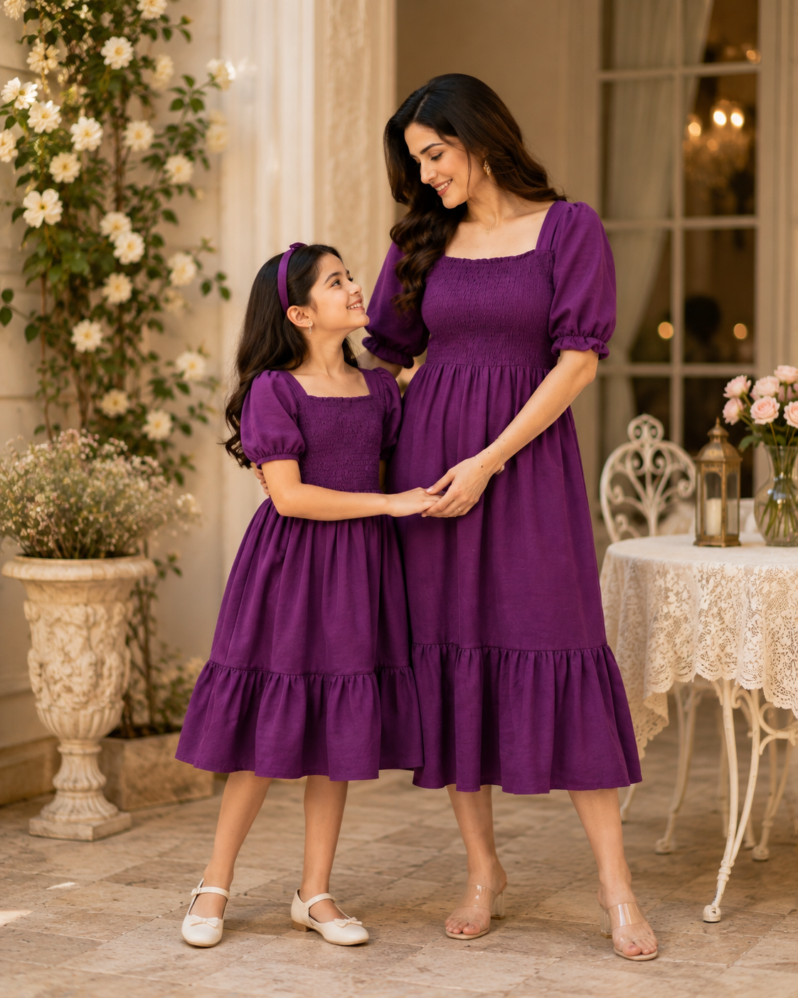 Purple Matching Mother & Daughter Printed Crepe Dress Set - Matching Mother & Daughter Dress Set - front view | Sangeetha Boutique