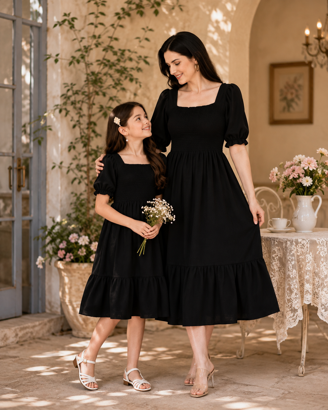 Black Matching Mother & Daughter Printed Crepe Dress Set - Matching Mother & Daughter Dress Set - front view | Sangeetha Boutique