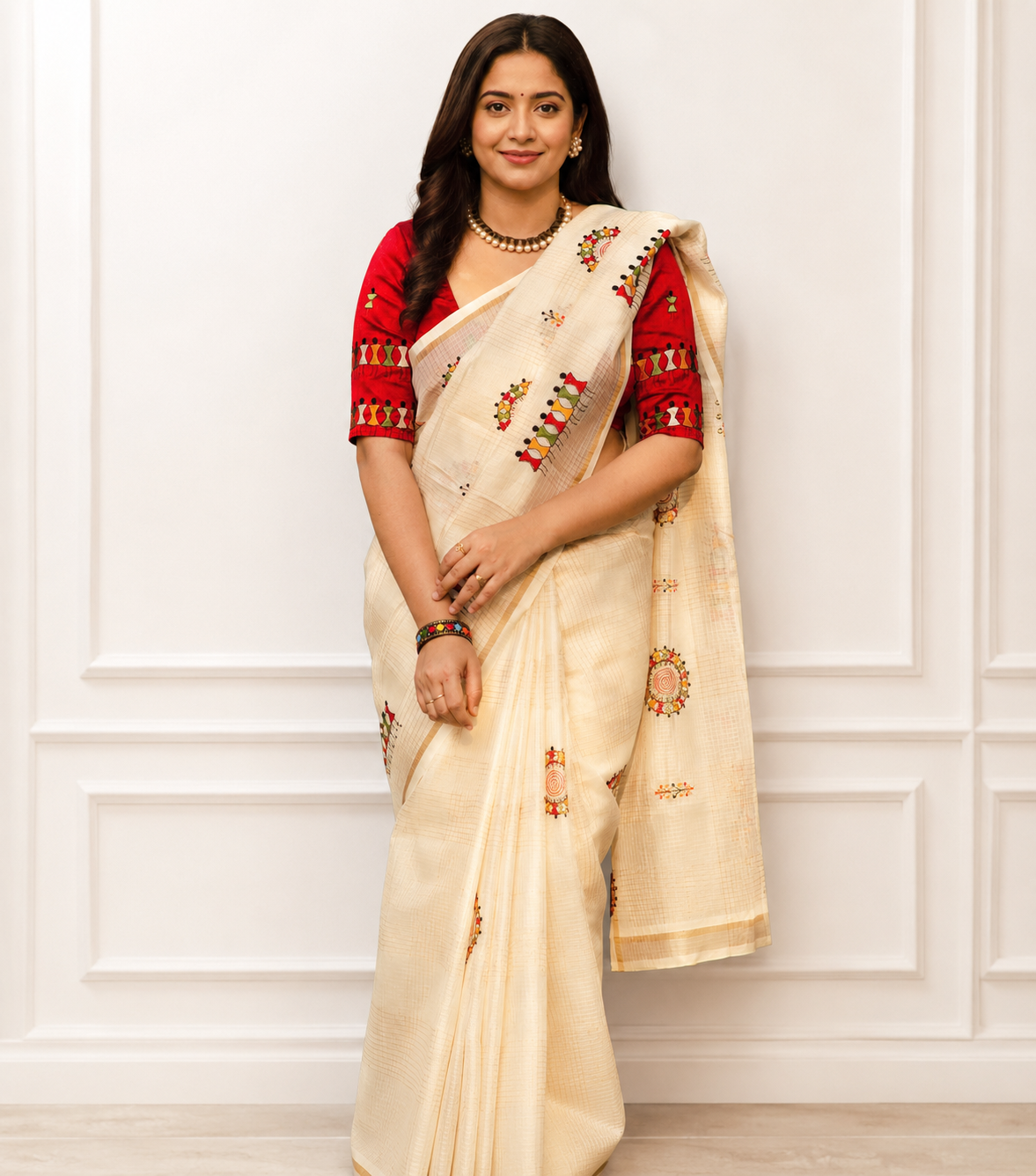 Cream Warli Art Manipuri Kota Checks Saree – Zari Pattu Border & Mulberry Silk Blouse - close-up detail view | Nardev Fashions