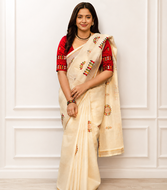 Cream Warli Art Manipuri Kota Checks Saree – Zari Pattu Border & Mulberry Silk Blouse - close-up detail view | Nardev Fashions