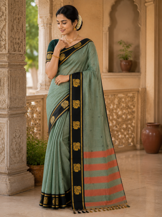 Sage Green - Saree - close-up detail view | Chindak Textiles