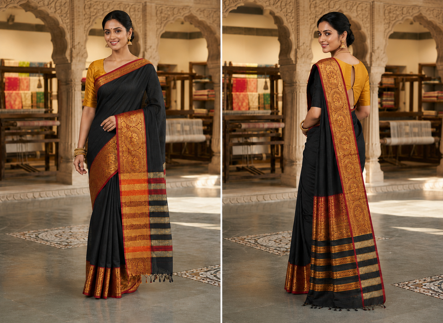 Deep Black Narayanpet Pure Mercerised Cotton Saree with Rich Gold Zari Woven Ruby Red Border - Indian Ethnic Wear - close-up detail view | Chindak Textiles