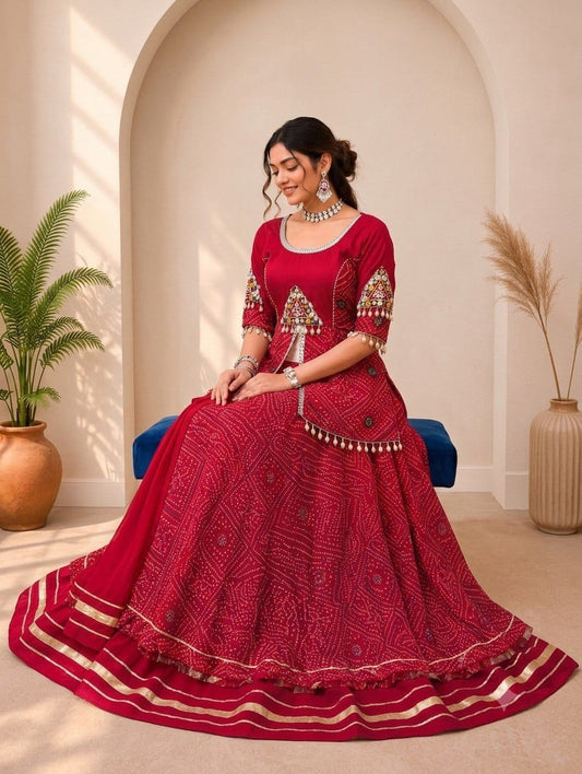 Red Bandhani Lehenga Set – Pure Rayon Cotton with Mirror Work Blouse (Fully Stitched) - close-up detail view | Nardev Fashions