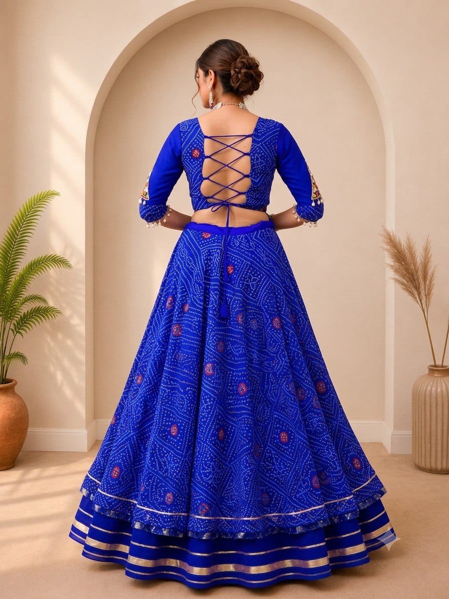 Blue Bandhani Lehenga Set – Pure Rayon Cotton with Mirror Work Blouse (Fully Stitched) - back view | Nardev Fashions