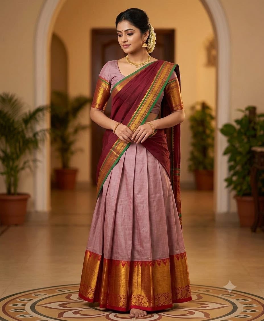 Dusty Mauve Narayanpet Pure Mercerised Cotton Half Saree Set – Rich Gold Zari Woven Maroon Border – Unstitched - Indian Ethnic Wear - front view |...