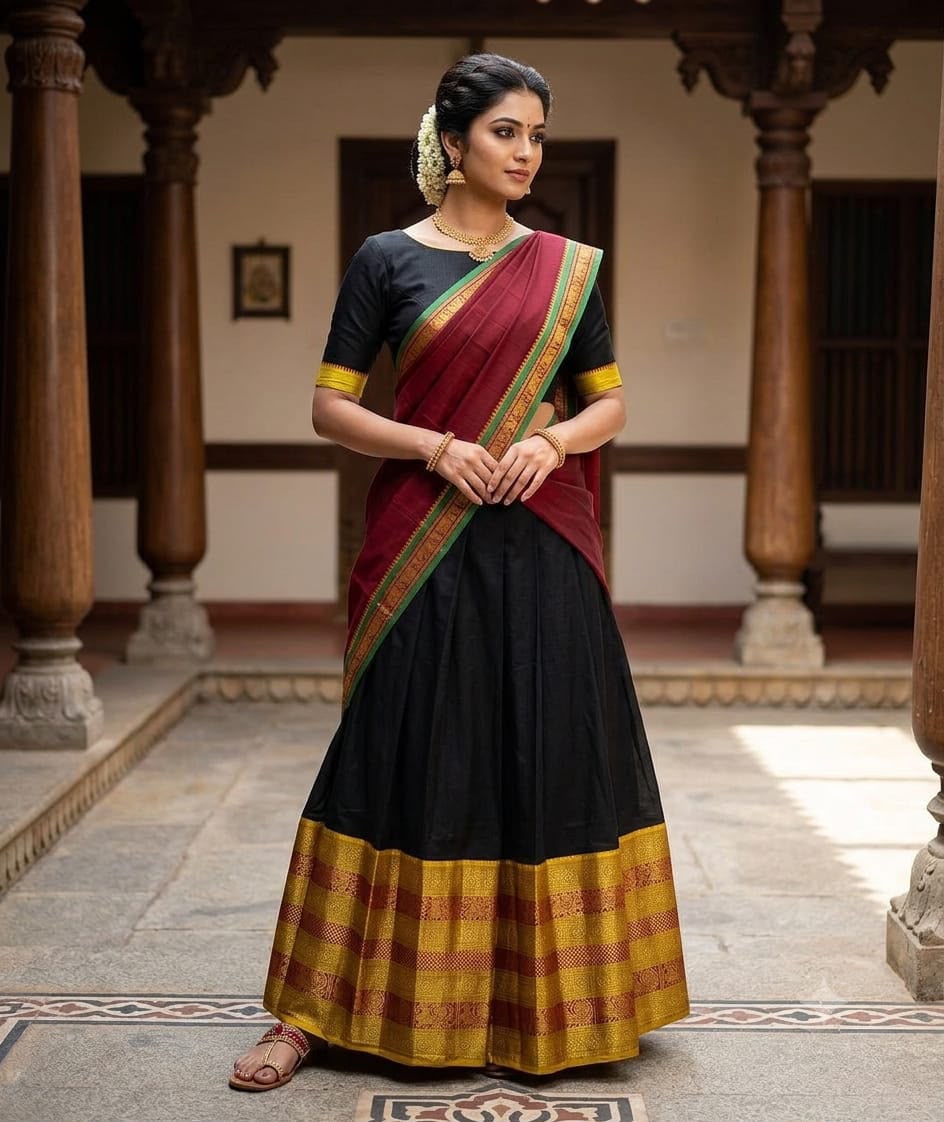Jet Black Narayanpet Pure Mercerised Cotton Half Saree Set – Rich Copper Gold Zari Woven Maroon Border – Unstitched - Indian Ethnic Wear - close-up...