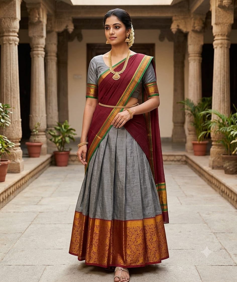 Steel Grey Narayanpet Pure Mercerised Cotton Half Saree Set – Rich Gold Zari Woven Maroon Border – Unstitched - Indian Ethnic Wear - close-up detail...