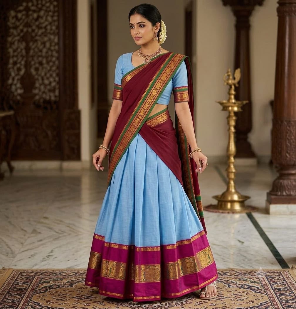 Sky Blue Narayanpet Pure Mercerised Cotton Half Saree Set – Rich Gold Zari Woven Maroon Border – Unstitched - Indian Ethnic Wear - front view | Chindak...