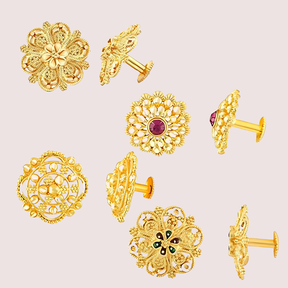 Women's Golden Designer Earrings, Stylish Golden Stud Earrings - Apparel - styled full look | Snazzyway
