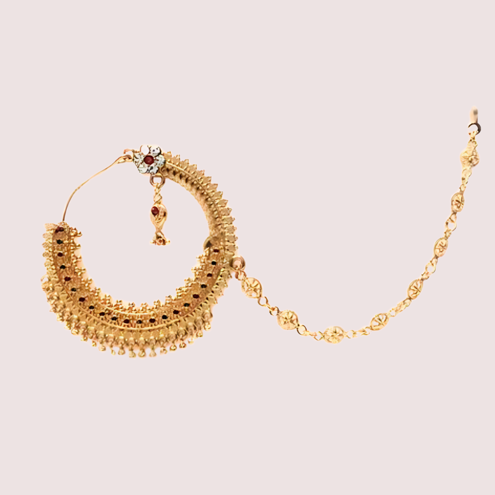 Women's Golden Gold-Plated Nose Ring, Exquisite Golden Bridal Nath - Apparel - back view | Snazzyway