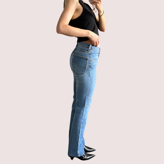 Women's Blue Denim Jeans, Charming Blue Denim Pants - Apparel - close-up detail view | Snazzyway
