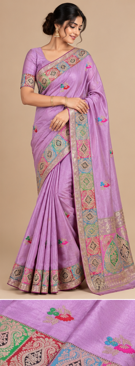Lavender Mashru Silk Resham and Zari Work Designer Banarasi Saree