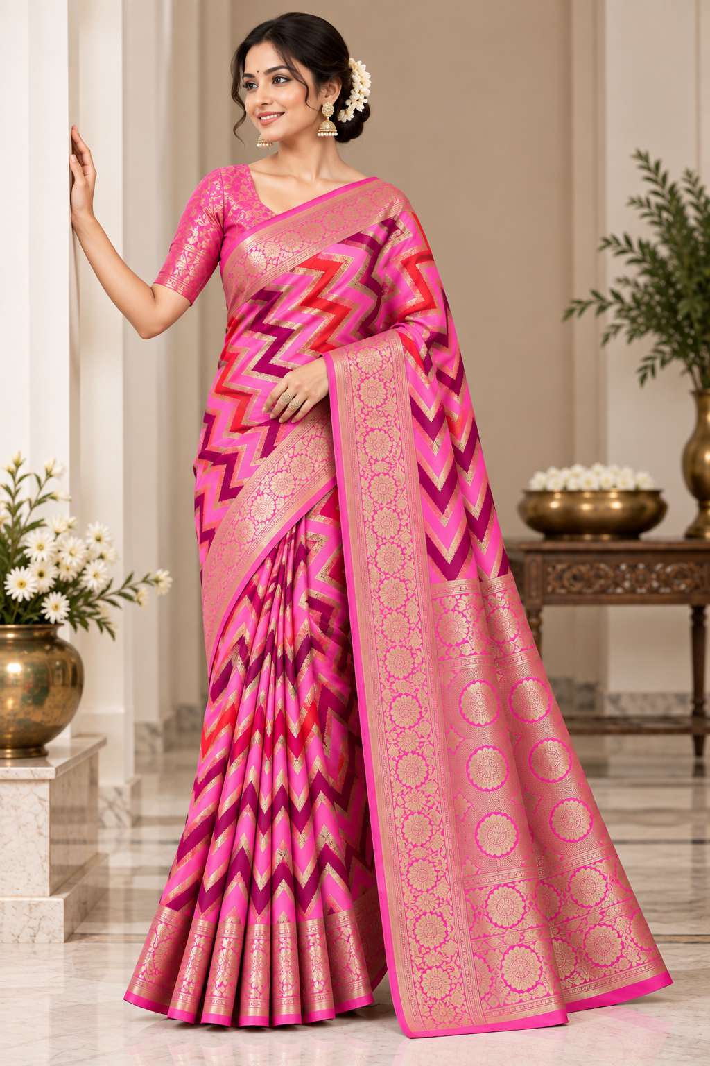 Magenta Pink Katan Silk Rangkat Work Designer Banarasi Saree