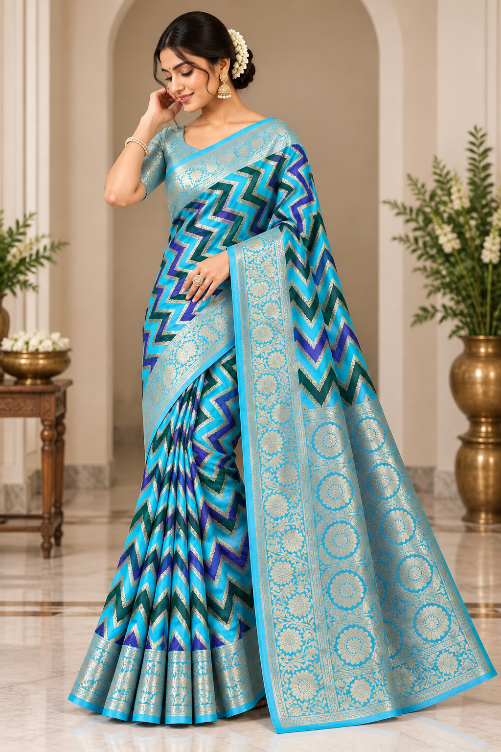 Turquoise Blue Katan Silk Rangkat Work Designer Banarasi Saree