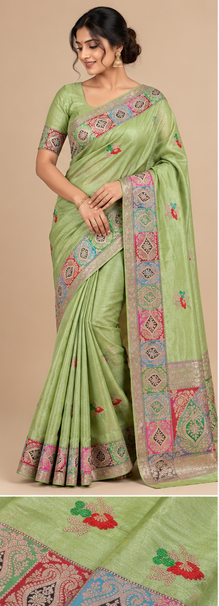 Green Mashru Silk Resham and Zari Work Designer Banarasi Saree