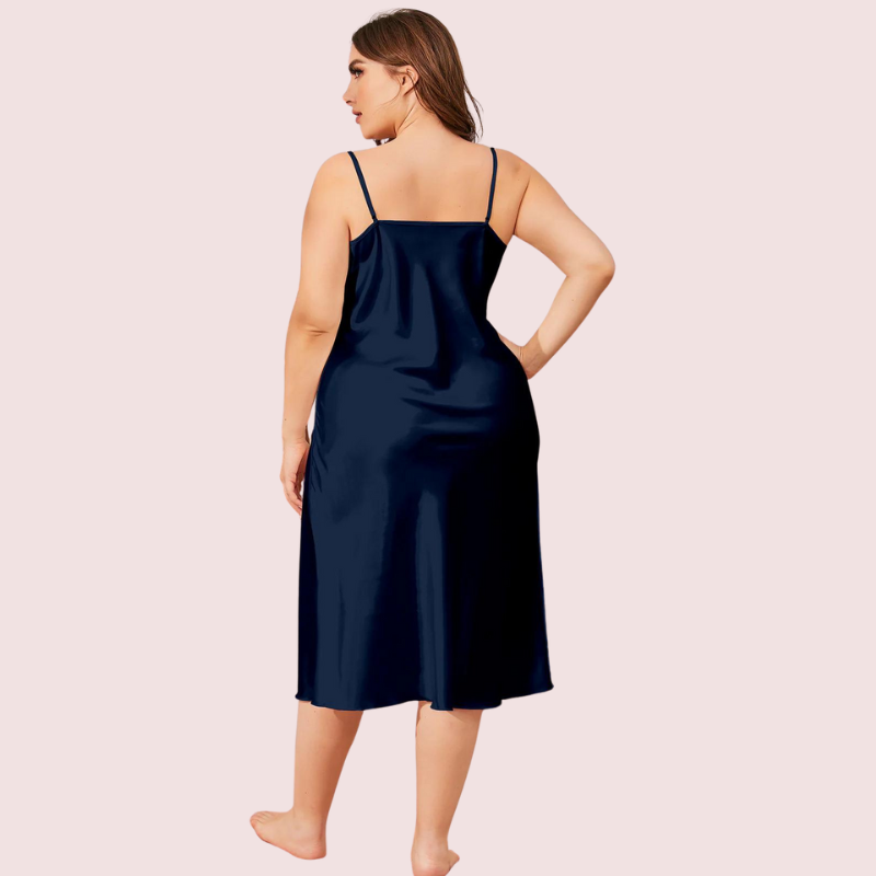 Women's Dark Blue Satin Dress, Charming Dark Evening Wear - Apparel - side view | Snazzyway