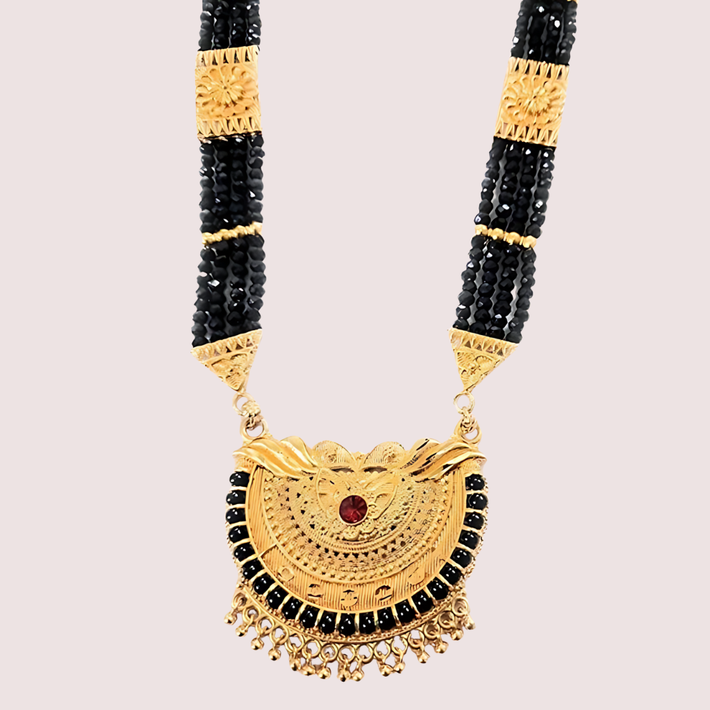 Women's Golden Designer Mangalsutra, Refined Golden Pendant Necklace - Apparel - close-up detail view | Snazzyway