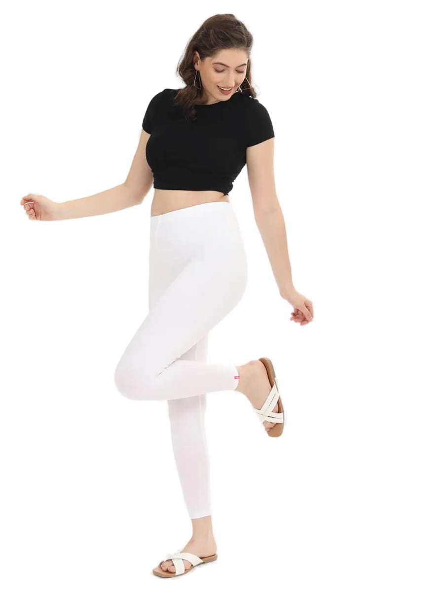 Women’s White Premium 4-Way Stretch Lycra Leggings Full Length Churidar & Casual Wear Versatile Ethnic & Modern Bottom Wear - Western Wear - front view...